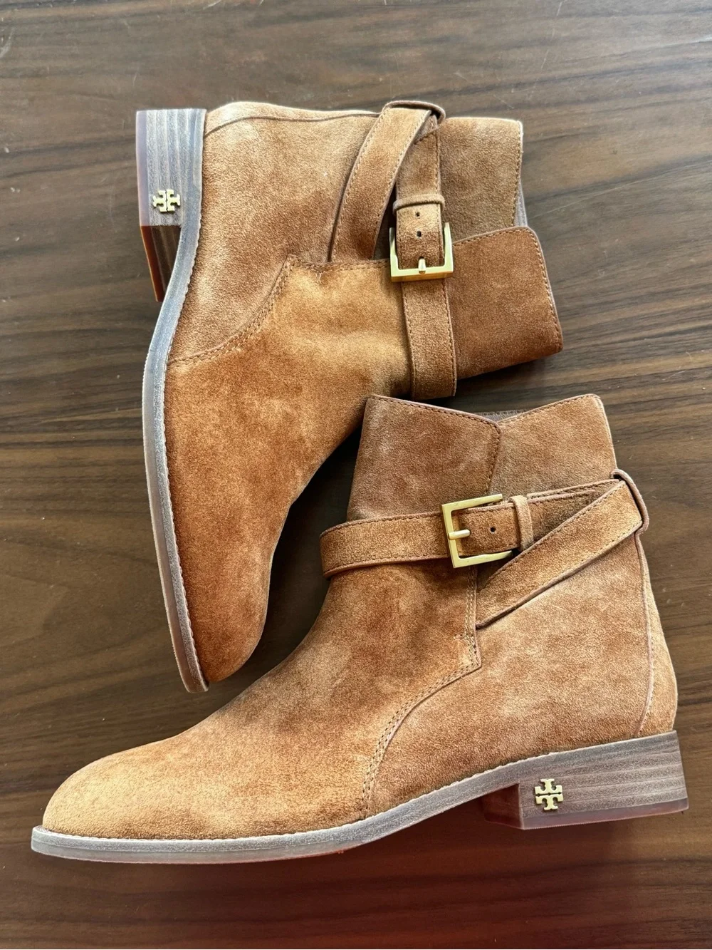 Tory Burch Brooke Ankle Boots Tan Suede Riding Booties Double-T Buckle 7.5 NWOT